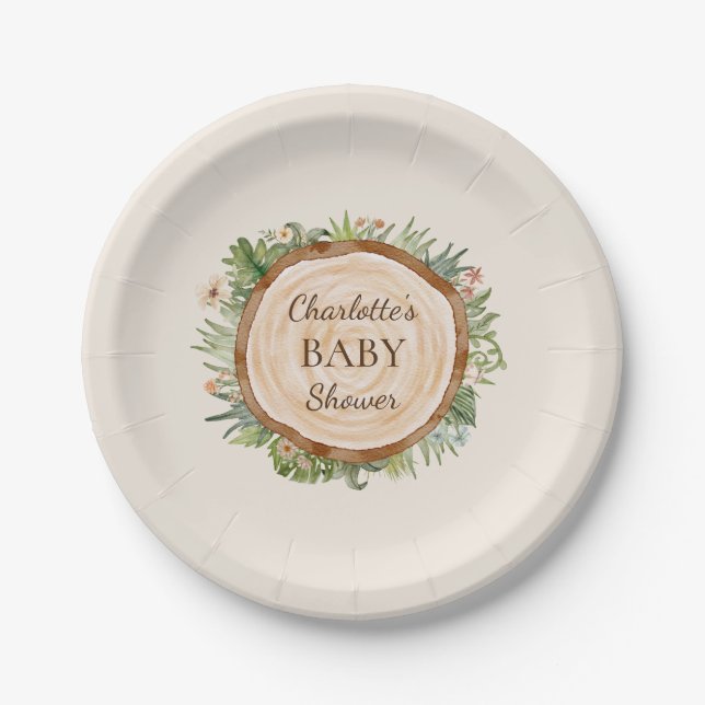 Boho Dinosaur Beige Baby Shower Paper Plates (Front)