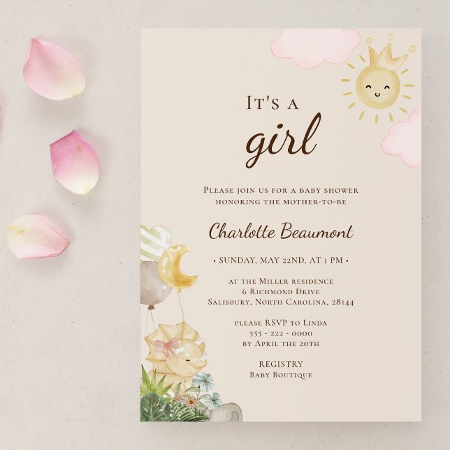 Boho Dinosaur Beige It's A Girl Baby Shower Invitation (Creator Uploaded)