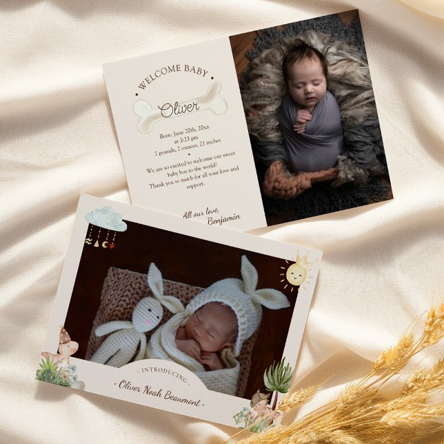 Boho Dinosaur Beige Two Photo Birth Announcement (Creator Uploaded)