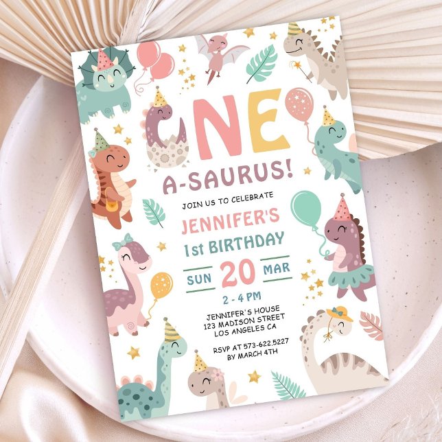 Boho Dinosaur Girl 1st Birthday Invitation (Creator Uploaded)