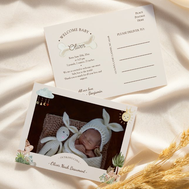 Boho Dinosaur Photo Birth Announcement Postcard (Creator Uploaded)