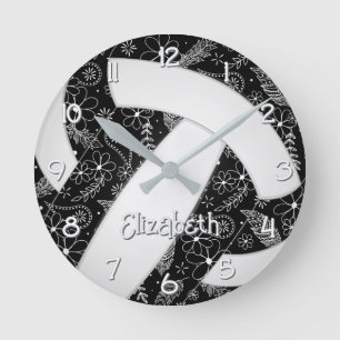 boho doodle floral black white volleyball round clock