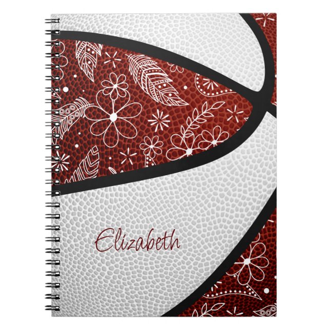 Boho doodle flowers maroon white basketball notebook (Front)