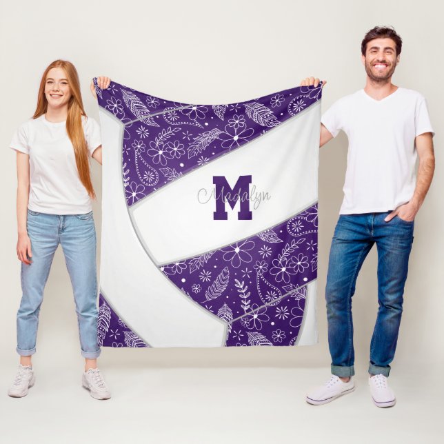 Boho doodle pattern purple white volleyball fleece blanket (In Situ)