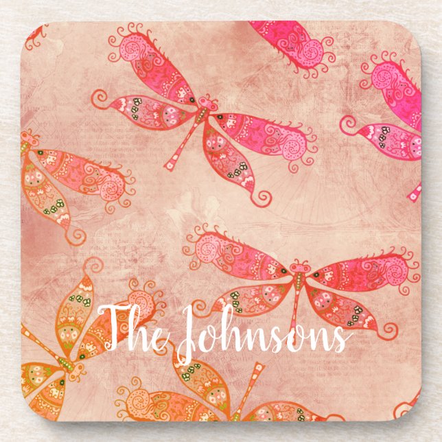 Boho Dragonflies in Pink Coaster (Front)