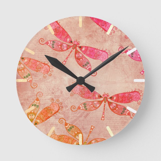Boho Dragonflies in Pink Round Clock (Front)