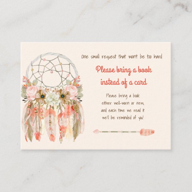 Boho Dream Catcher Baby Shower Book Request Peach  Enclosure Card (Front)
