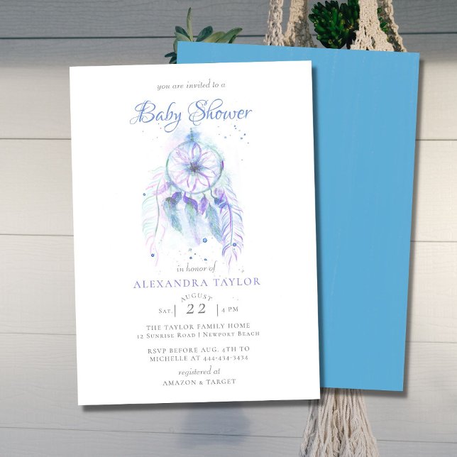 Boho Dream Catcher Blue Purple Boy Baby Shower Invitation (Creator Uploaded)