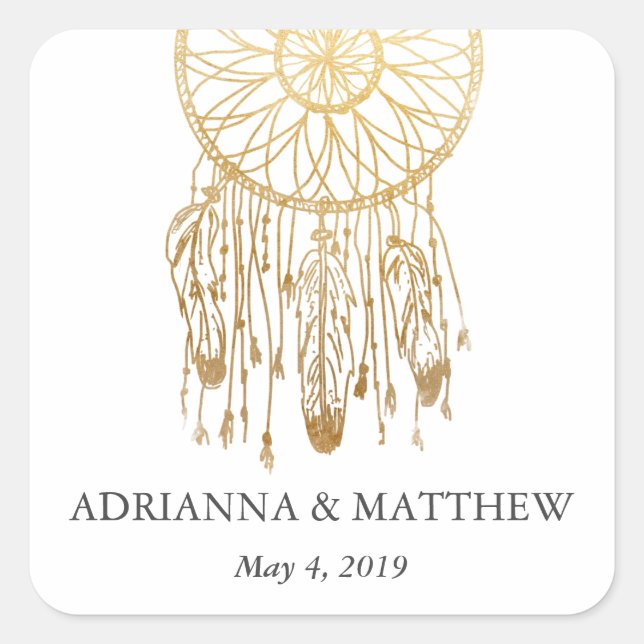 Boho Dream Catcher Faux Gold Foil Tribal Wedding Square Sticker (Front)