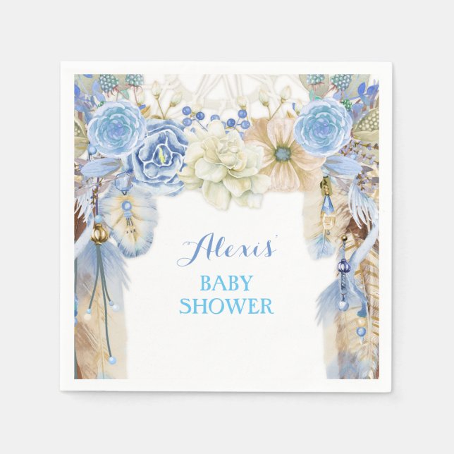 Boho Dream Catcher Feather Tribal Periwinkle Blue Napkin (Front)