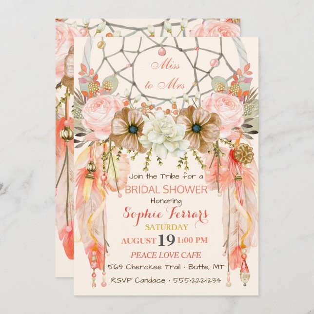Boho Dream Catcher Feathers Peach Coral Invitation (Front/Back)
