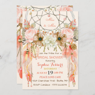 Boho Dream Catcher Feathers Peach Coral Invitation