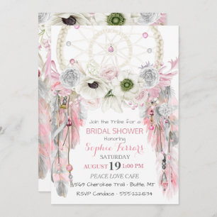 Boho Dream Catcher Feathers Pink Grey Ivory Invitation