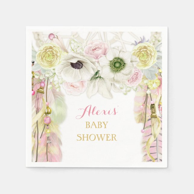 Boho Dream Catcher Feathers Pink Yellow Napkin (Front)