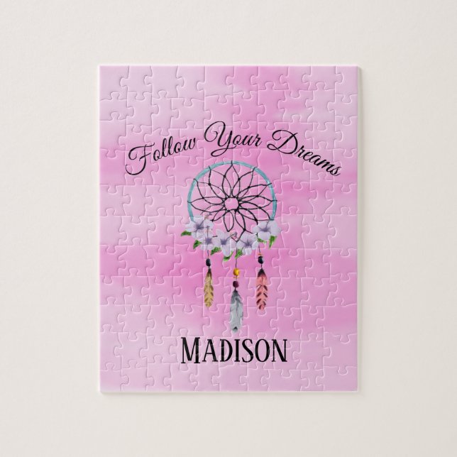 Boho Dream Catcher Floral Flower Personalised Name Jigsaw Puzzle (Vertical)