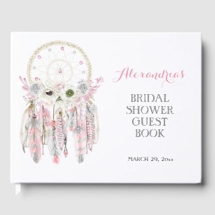 Boho Dream Catcher Pink Grey Feathers Arrows Guest Book
