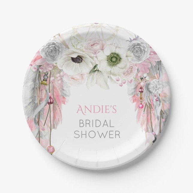 Boho Dream Catcher Pink Grey Feathers Crystals Paper Plate (Front)