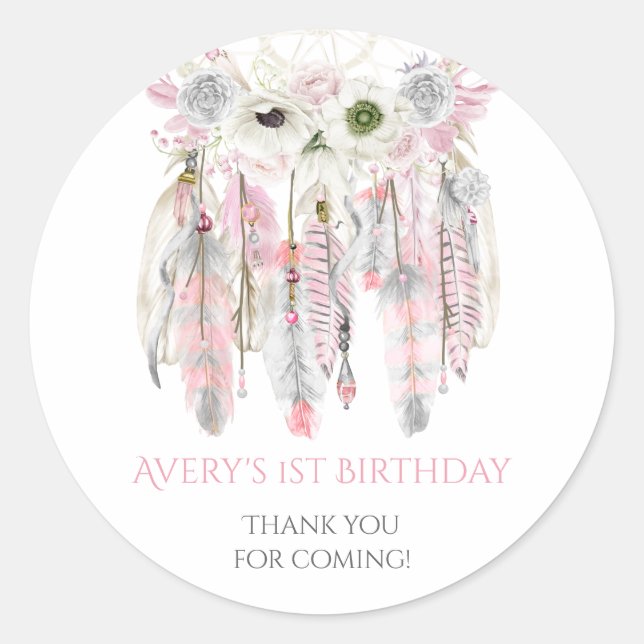 Boho Dream Catcher Pink Grey Ivory Feathers Classic Round Sticker (Front)