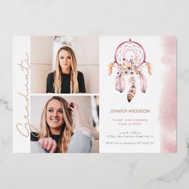 Boho Dream Catcher Rose Script Photo Graduation (Front)