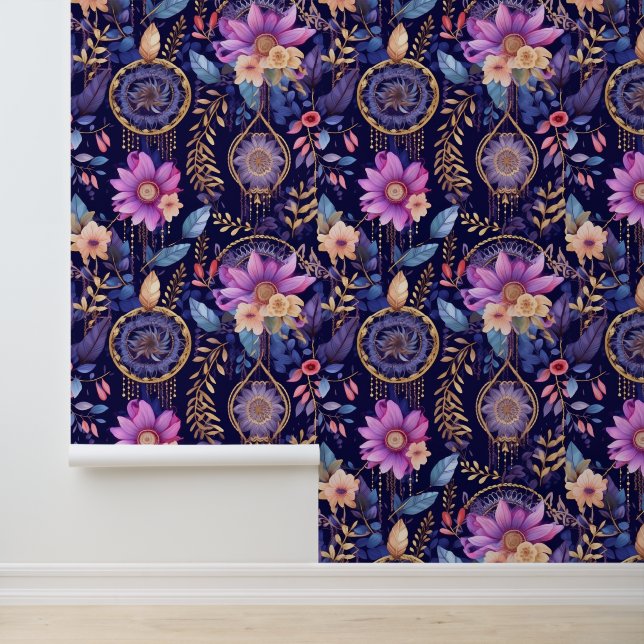 Boho dream catcher tiled pattern floral wallpaper (Application)