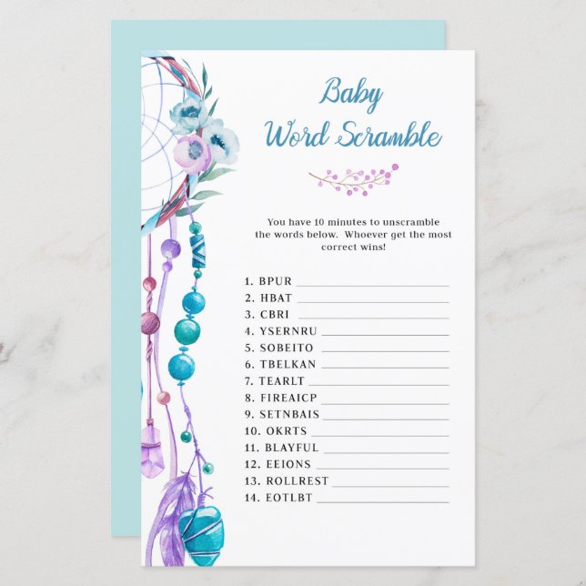 Boho Dreamcatcher Baby Shower Word Scramble (Front/Back)