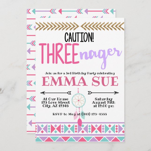 Boho Dreamcatcher Caution Three-nager 3rd Birthday Invitation (Front/Back)