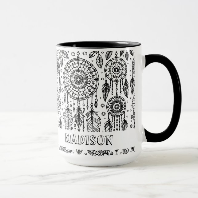 Boho Dreamcatcher Feathers Colouring Name Mug (Right)