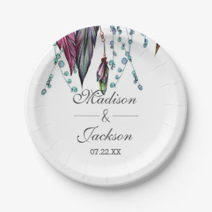 Boho Dreamcatcher & Feathers Pink Wedding Monogram Paper Plate