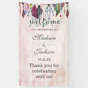 Boho Dreamcatcher & Feathers Pink Wedding Welcome Banner