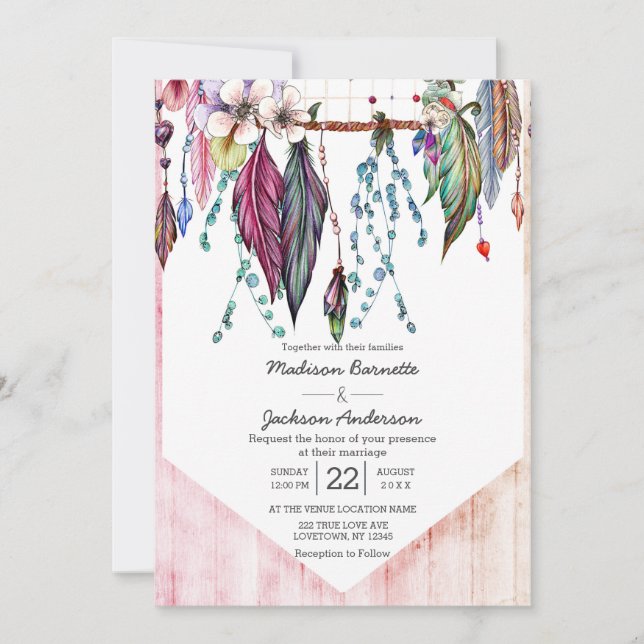 Boho Dreamcatcher & Feathers Wedding Invitation (Front)