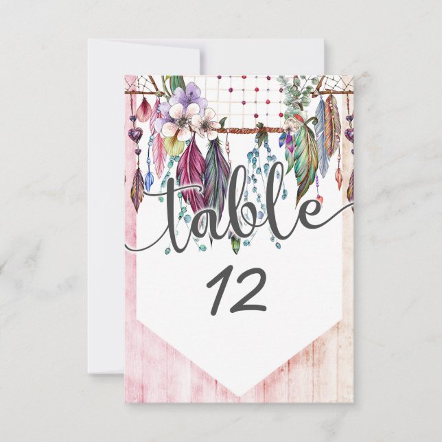 Boho Dreamcatcher & Feathers Wedding Table Numbers (Front)