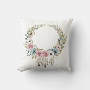 Boho Dreamcatcher Floral Wreath Watercolor Cushion