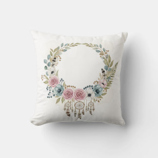 Boho Dreamcatcher Floral Wreath Watercolor Cushion
