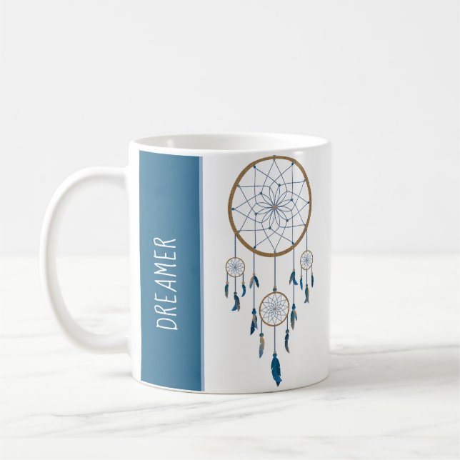 Boho Dreamcatcher Four Web Blue Feathers Coffee Mug (Left)