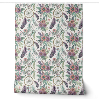 Boho Dreamcatcher Magical Feathers Floral Pattern Wallpaper