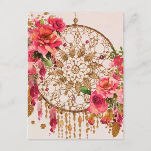 Boho Dreamcatcher Pink Gold Floral Watercolor Holiday Postcard