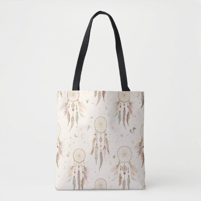 Boho Dreamcatcher Tote Bag | Ethereal Feathers (Front)