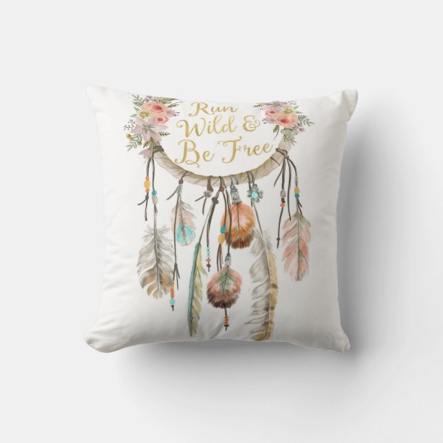 Boho Dreamcatcher Tribal  Feather Nursery Pillow (Front)