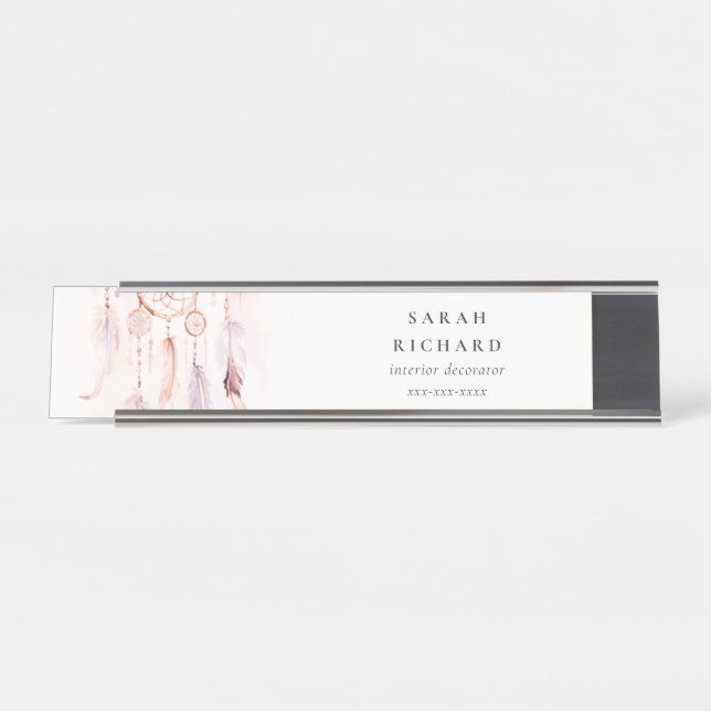 Boho Dreamcatcher Watercolor Lilac Blush Peach Desk Name Plate (Front)
