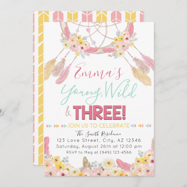 Boho Dreamcatcher Young Wild & Three 3rd Birthday Invitation (Front/Back)