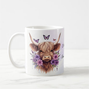 Boho Dreams Floral Purple Highland Cow Whimsical  Coffee Mug