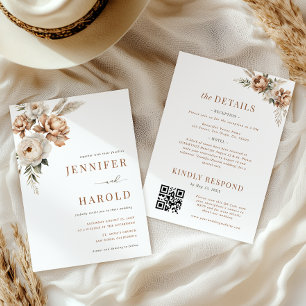 Boho Dried Fall Floral Minimal All in One Wedding Invitation