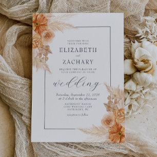 Boho Dried Floral Navy Blue Wedding Invitation