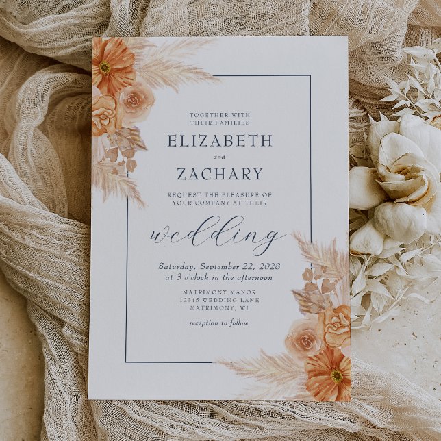 Boho Dried Floral Navy Blue Wedding Invitation (Creator Uploaded)