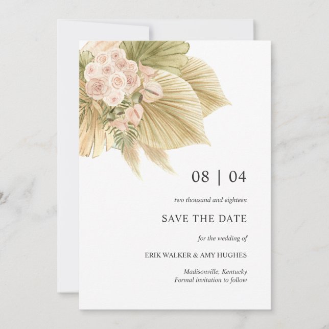 Boho Dried Floral Pampas Palm Natural Wedding Save The Date (Front)