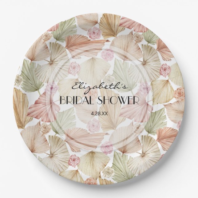 Boho Dried Leaves and Flowers Bridal Shower Paper Plate (Front)