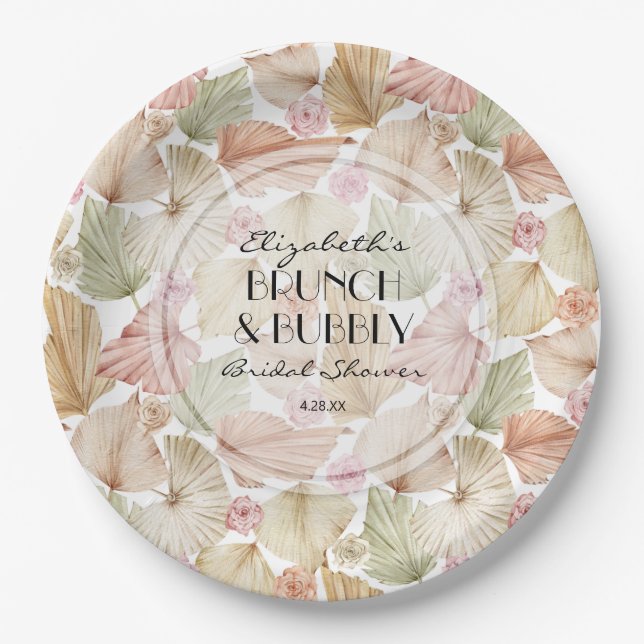 Boho Dried Leaves and Flowers Bridal Shower Paper Plate (Front)
