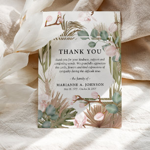 Boho Dried Leaves, Pampas & Pink Orchid Funeral  Thank You Card