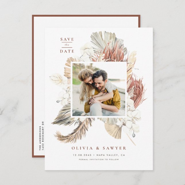 Boho Dried Palm and Orchids Photo Save the Date Announcement Postcard (Front/Back)