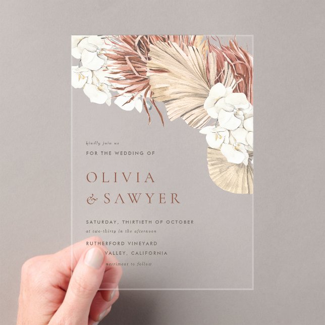 Boho Dried Palm Leaves and White Orchids Wedding Acrylic Invitations (Insitu (Handheld))